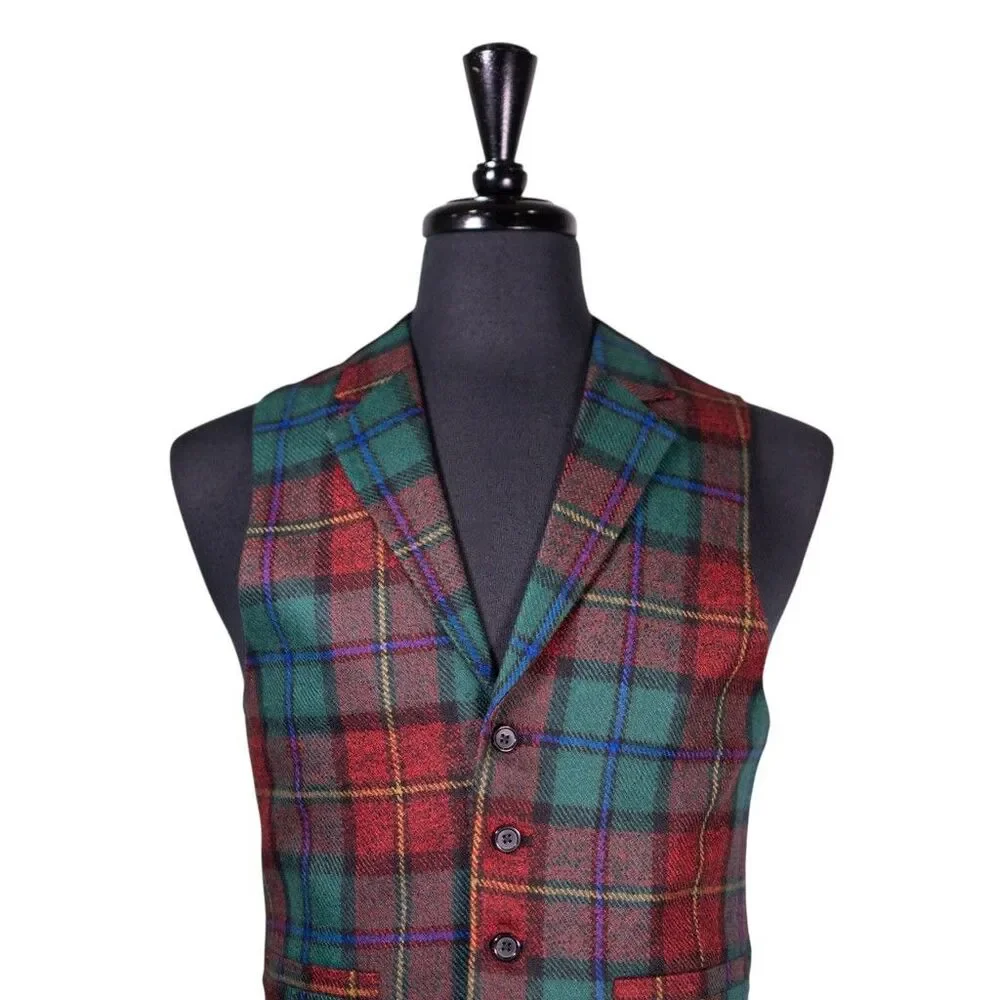 Mens Vest 40R Wool Tartan Plaid Green Red Waistcoat Formal Wedding Groom Party